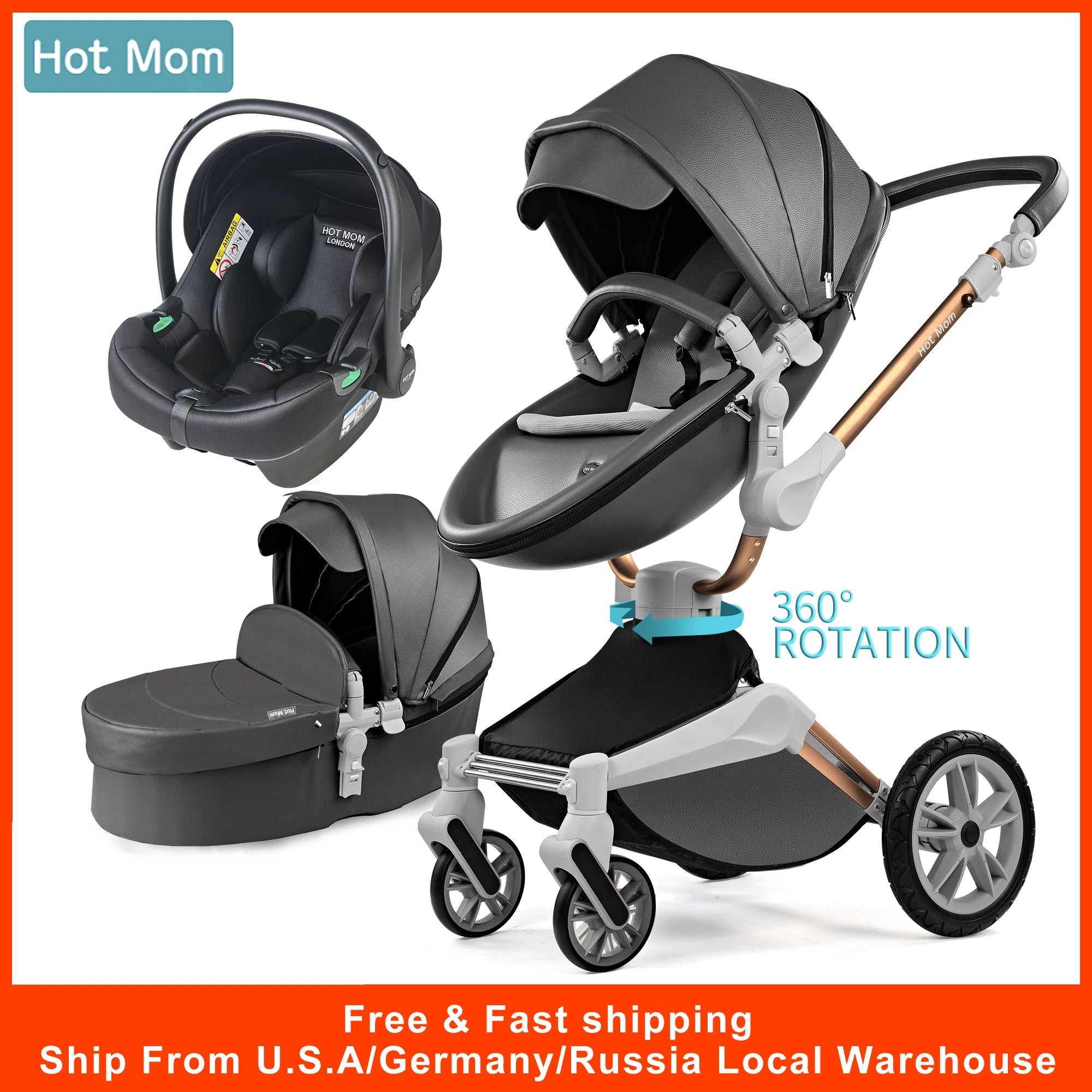 Hot Mom F023 Baby Stroller 3 in 1,Rotates 360 Degrees,PU Leather, Mosquito Net, Rain Cover, Adapter, Cup Holder, large wheels